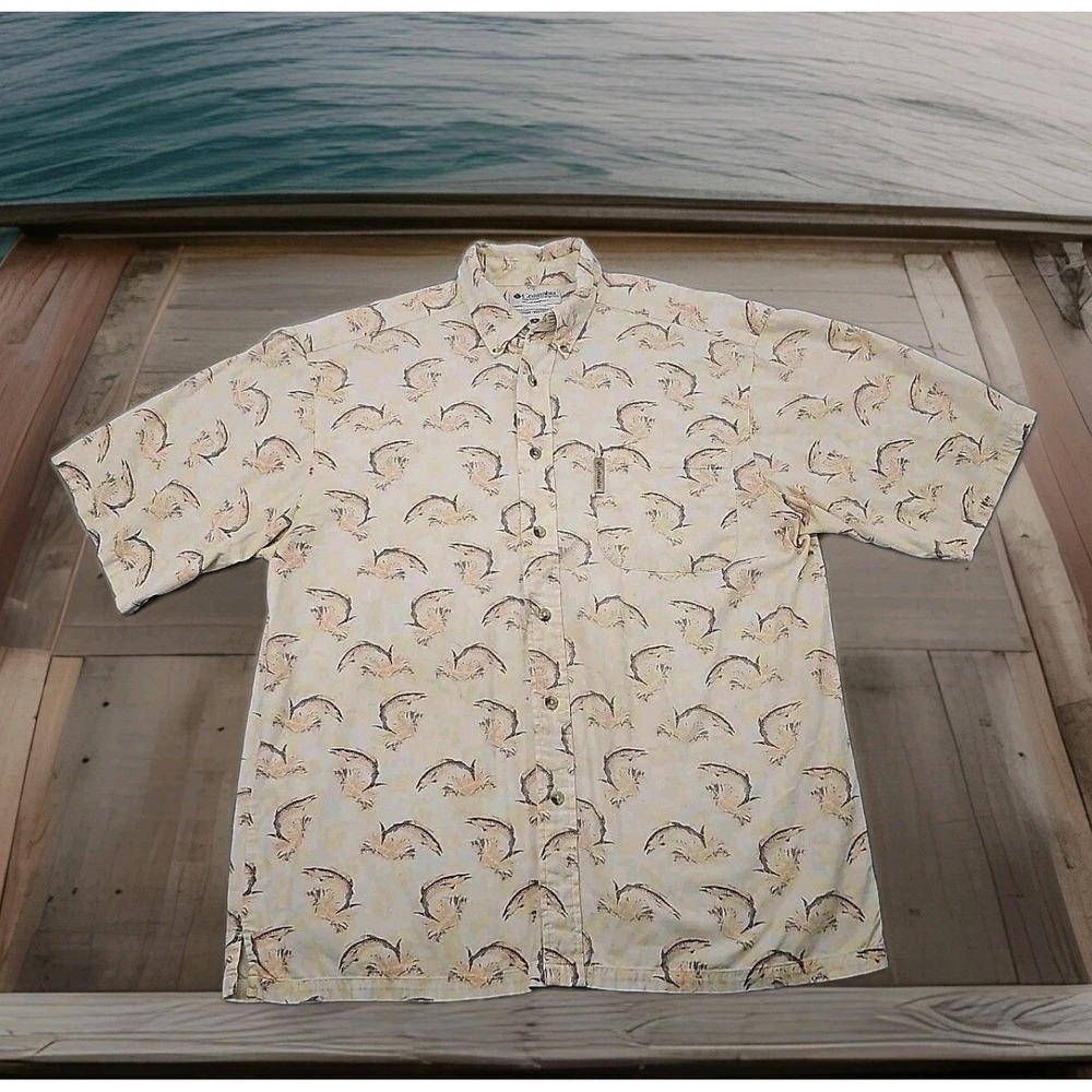 Columbia Shirt M Marlin Fish Print Short Sleeve Button Down‎ Pocket Outdoors